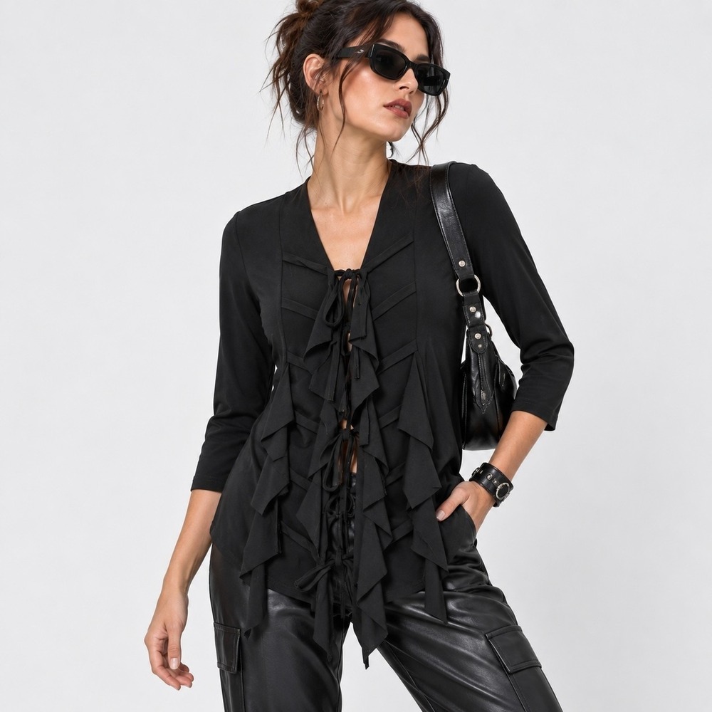 Sympli Black Tie Front Ruffle Blouse Womens 4 Goth Avant Garde Stretch Top